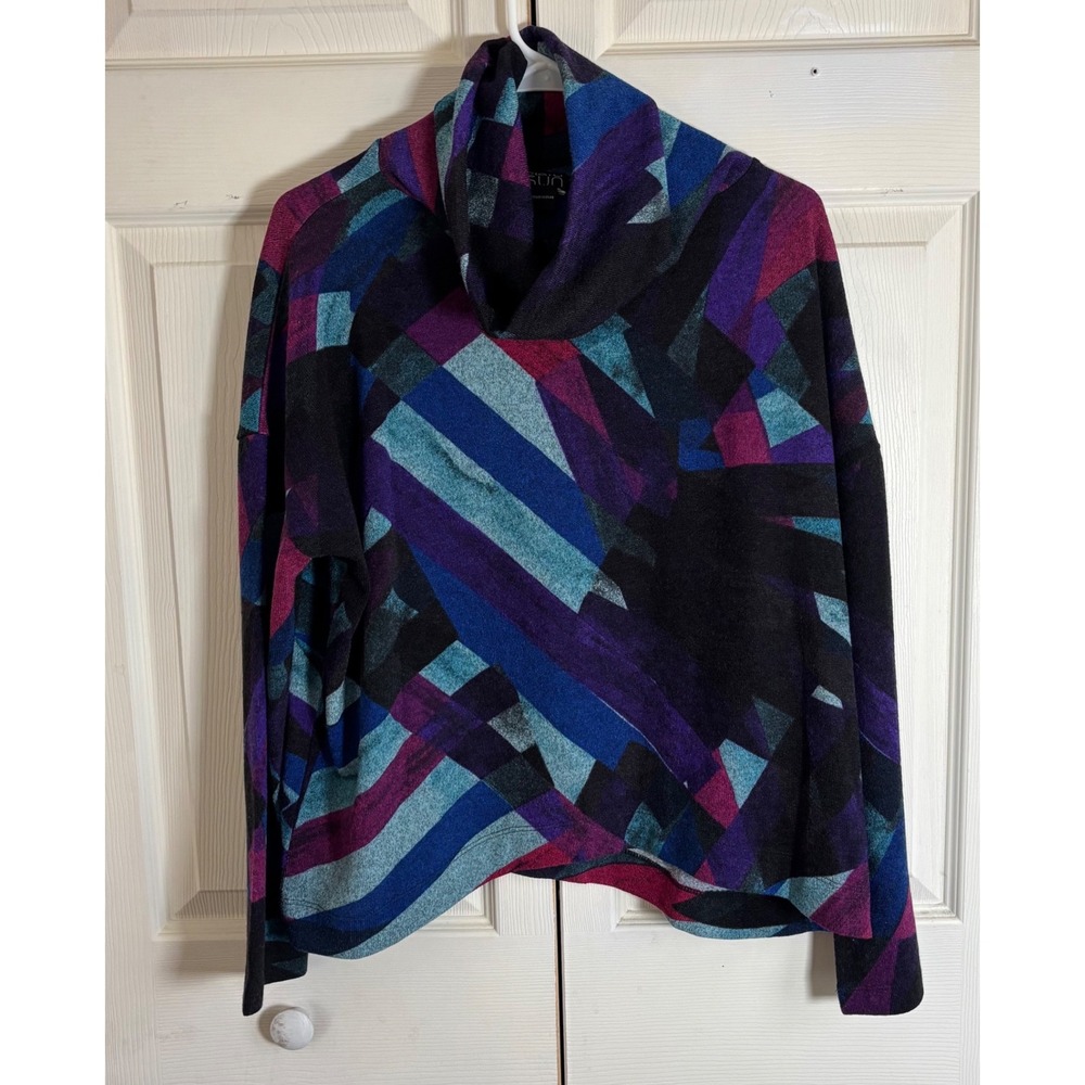 Clara Sunwoo Cowl Neck Sweater Large Purple Blue Geometric Abstract Knit Top